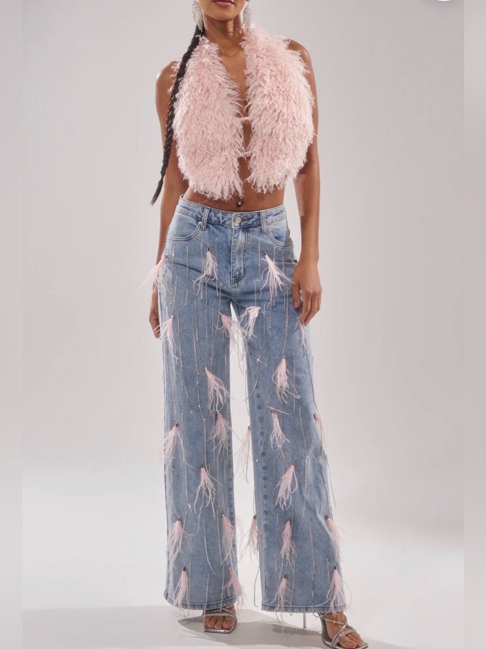 AKIRA Pink Feather-Trim Wide Leg Denim Jeans and Pink Fur Top